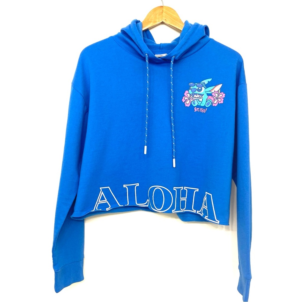 Disney NWOT Stitch ALOHA Cropped Hoodie Blue Lilo & Stitch Hawaii Pullover, L